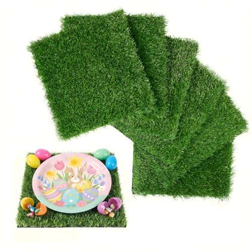 XLX TURF Green Artificial Grass Square Mats, 6 Pack 12x12 Fake Grass Tiles Placemats Table Centerpiece Decor Spring Easter Party, Patio, Pets Turf Patch DIY Crafts
