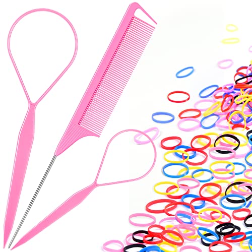 Hair Tail Tools, IKOCO Hair Loop Tool Set Including 2 Pcs Topsy Tail Hair Tool 1Pc Rat Tail Comb and 1000 Pcs Colorful Rubber Bands for Hair