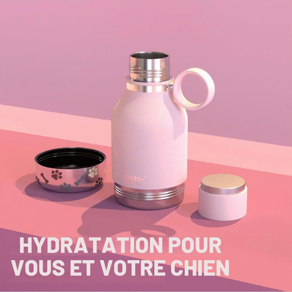Asobu Chien – Gamelle pour Animal Domestique attachée à Une Bouteille d'eau Isotherme en Acier Inoxydable de 1 Litre, Bouteille d'eau Portable, Robuste, Anti-Fuite, pour l'extérieur, Les Voyages, la