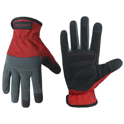 HANDLANDY Work Gloves for Men & Women, Utility Mechanic Working Gloves Touch Screen, Flexible Yard Work Gloves Grey-red Medium (Pack of 1)