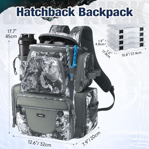 Image of Piscifun Fishing Tackle Backpack with 2 Rod Holders, 4 Boxes & Rain Cover