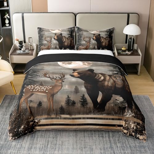 Homewish Forêt de Coton Parure de Lit 240 x 260,Ours de Dessins Animés Housse de Couette,Cerf Doux Respirant Literie Set,Arbre Rustique Linge de Lit,Lune...