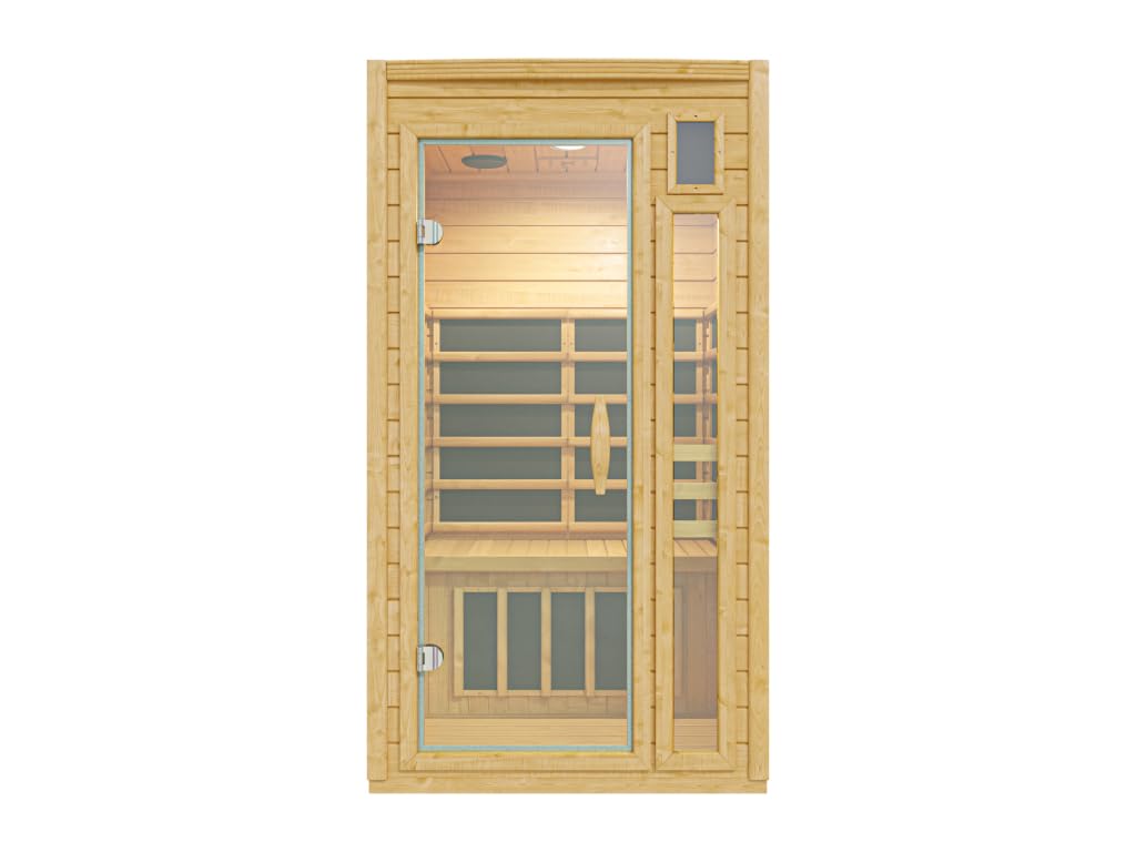 Infrarotkabine 1 Person | Hemlockholz natur | 99x91x184cm | Ganzglastür Klarglas | Mica-Heizung 1,33kW | Fronteinstieg | Wärmekabine für Zuhause | MP3-Halter, Becherhalter & Rückenlehne