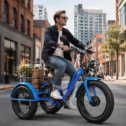 Elektrische Bakfiets Driewieler Volwassenen, 24 Inch Fat Tire 3 Wiel, 7 Versnellingen met Achtermand, Motor met Hoog Koppel, Stevig Frame voor Boodschappen Doen Blue