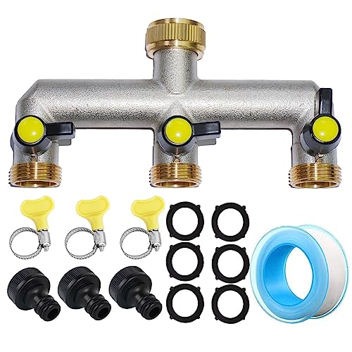 Image of RoseFlower Garden Hose Splitter 3 Way Heavy Duty, Solid Brass Outdoor Faucet Splitter Hose Connector Water Taps Distributor Hose Adapter with Individual On-Off Valve, 6 Rubber Washer, 1 Leakproof Tape