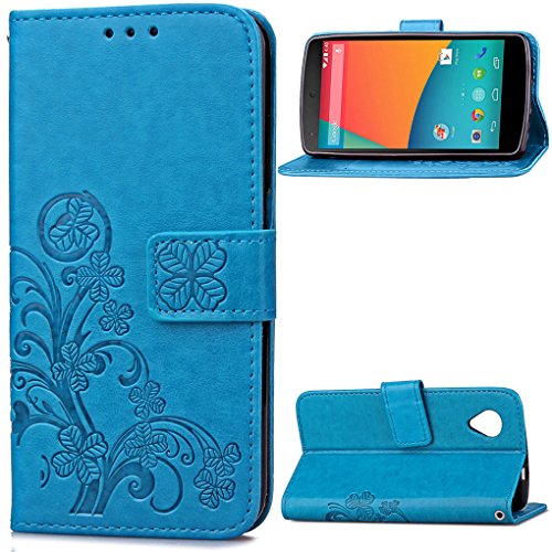 Nexus 5 Funda, SATURCASE Lucky Clover Cuero De La PU Magnético Capirotazo Billetera Apoyo Bumper Protector Funda Carcasa Case para Google LG Nexus 5 Azul