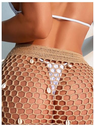 Women's Crochet Hollow Out Beach Skirts Shell Drawstring Swimsuit Bathing Suit Coverups4