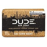 Dude Products 2 In 1 Face & Body, Activated Charcoal Soap With Organic Shea Butter & Tea Tree Oil, Chi Town Night Scent, 6 Oz