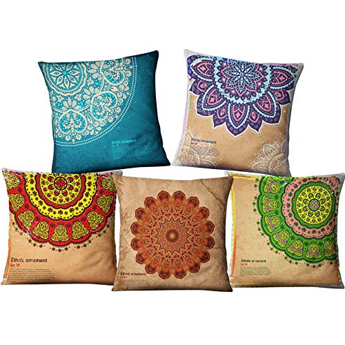 Funda de almohada de lino para decoración, set de 5 cojines de mandala de 45x45 cm para el hogar