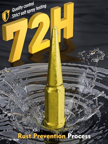 Image of MIKKUPPA M14x1.5 Wheel Spike Lug Nuts, 32 PCS Gold Spiked Lug Nuts 14mmx1.5 Solid 4.4 inch Tall Acorn Lug Nut with 1 Socket Key Replacement for Chevy Silverado 1500 2500 3500, F150 F250 F350