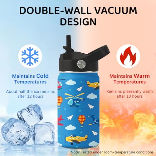 Image of Airplane Water Bottle for Son & Daughter, Stainless Steel Insulated Tumbler with Straw Lid and Handle, 12oz Reusable Leak-Proof Bottle for Sports