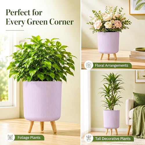 Image of Eightiz Store Modern Lavender Flower Pot with Plastic Legs | Indoor Outdoor Planter for Home Garden Balcony Decor Ribbed Design Sturdy Plastic Mid-Century Style (Lavender, Pack of 2)