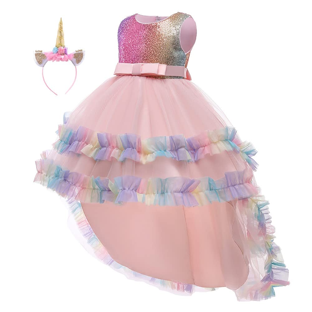 HIHCBF Girls Unicorn Costume Halloween Christmas Sequins Princess High Low Tulle Dress Wedding Birthday Party Gown w/Headband