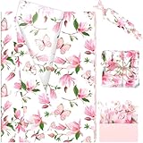 60 Sheets Pink Watercolor Magnolia Butterfly Tissue Paper, Magnolia Blossom Printed Art Craft Tissue Paper for Mother's Day Wedding Birthday Bridal Shower Party Supplies, 20 x 14in