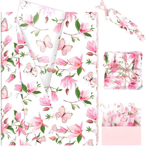 60 Sheets Pink Watercolor Magnolia Butterfly Tissue Paper, Magnolia Blossom Printed Art Craft Tissue Paper for Mother's Day Wedding Birthday Bridal Shower Party Supplies, 20 x 14in