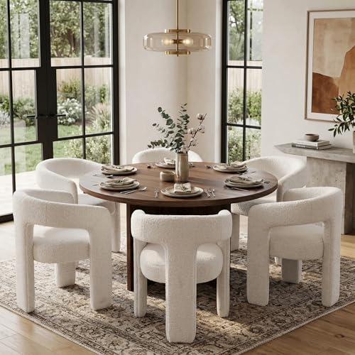 Image of HNY Modern Barrel Kitchen & Dining Room Chairs Set of 6, Sherpa Upholstered Accent Chairs with Arm, 18.5'' Wide Side Armchairs Vanity Chairs for Living Room Bedroom Makeup Small Spaces, White