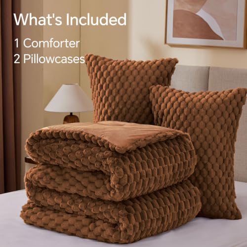 Image of BEDELITE Fluffy King Size Comforter Set, Terracotta Fleece Bed Set 3 Pieces