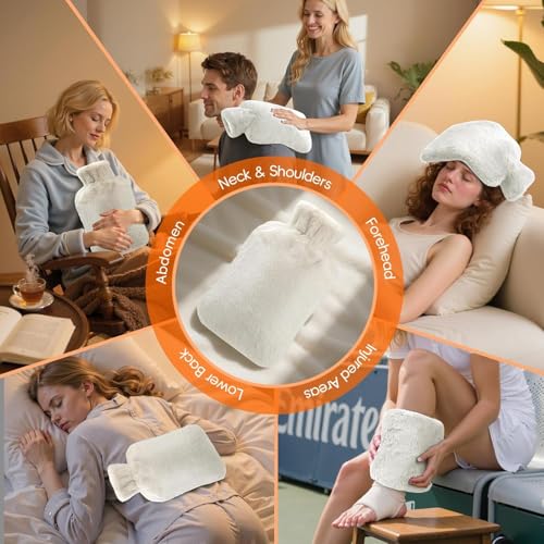 Image of Hot Water bag with soft Cover【2000ml】Durable Hot Bags for Pain Relief,Period Cramps , Neck, Shoulders,Feet Warmer - Leakproof Water Bag for Waist Hand Bed Winter Warmer,【2 Liters 】cream - color
