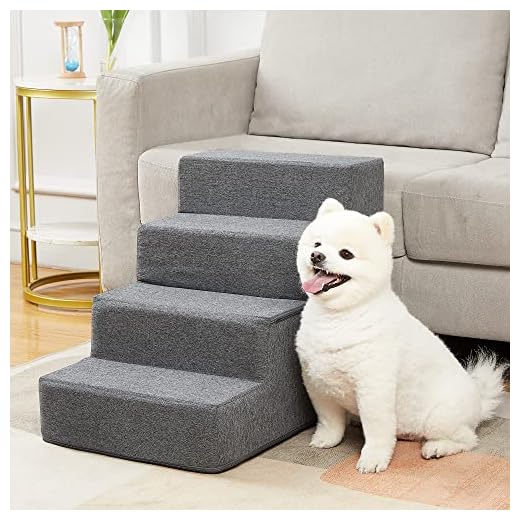 Dog Stairs & Steps for Dogs Cats Holds up to 60 lbs,Pawque Pet Steps for High Bed Couch, Shock Absorbing Foam with High-Strength Boards for Pet Safe, Non-Slip Removable Washable Cover, 4 Step-Grey