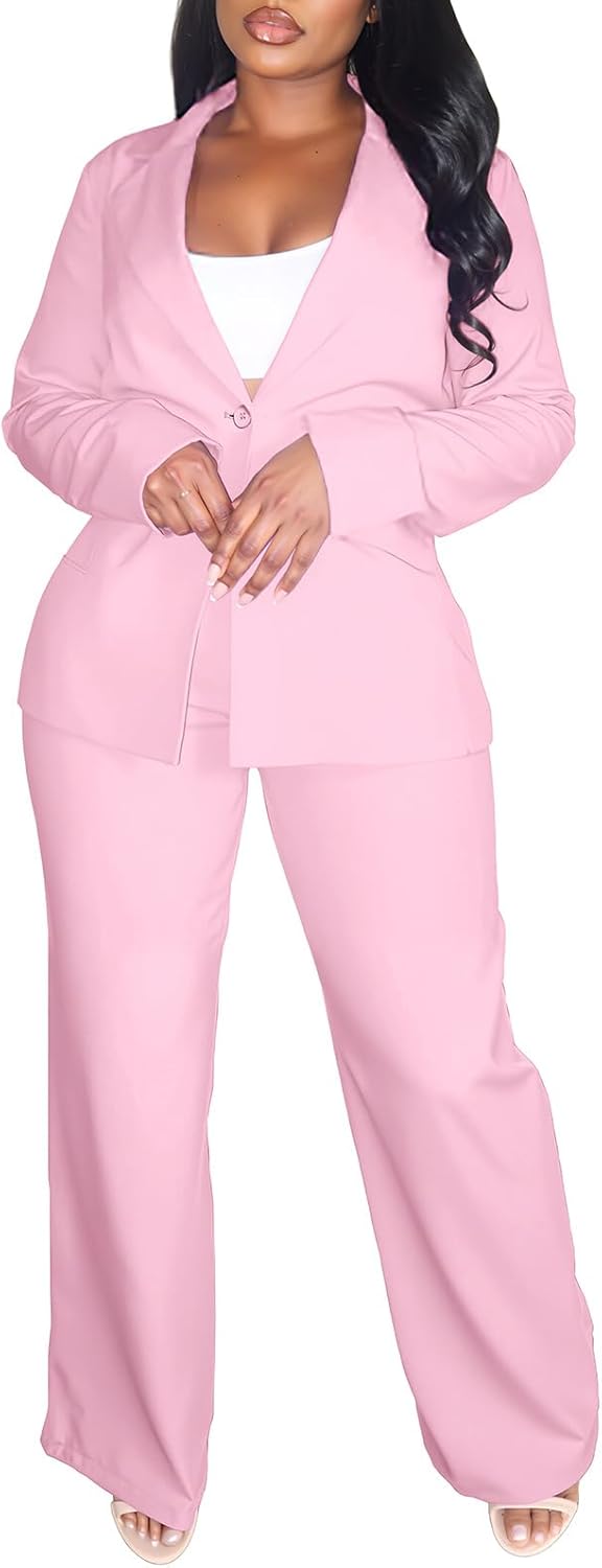 Elainone Pant Suits for Women Professional 2 Piece Outfits Solid Color Button Down Business Casual Blazer Sets