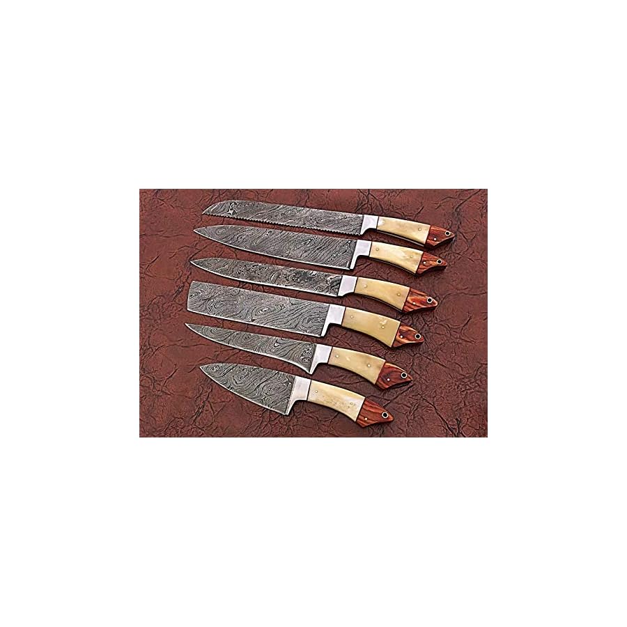 6-pieces-Damascus-steel-kitchen-knife-set-with-leather-bag-74-long-knives-Includes-bread-knife-Steak-knife-Boning-knife-Cleaver-Utility-knife-chef-knife-Camel-bone-and-wood-scale 6 pieces Damascus steel kitchen knife set with leather bag, 74" long knives Includes bread knife, Steak knife, Boning knife, Cleaver, Utility knife, chef knife. Camel bone and wood scale