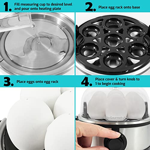 Elite Gourmet Egc648 Rapid Egg Cooker, 7 Easy-To-Peel, Hard, Medium, Soft Boiled Eggs, Poacher, Omelet Maker, Auto Shut-Off, Alarm, 16-Recipe Booklet, Stainless Steel #TOP3