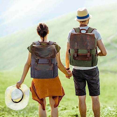 Modoker 616 Waxed Canvas Backpack, Leather Rucksack Knapsack For Men Woman Vintage Travel Laptop Backpack 15.6 Inch Satchel Backpack, Retro Flap Backpacks Canvas Casual Daypack thumb #7