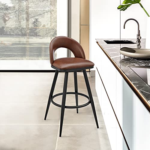 Armen Living Charlotte Swivel Bar Stool in Black Metal with Brown Faux Leather