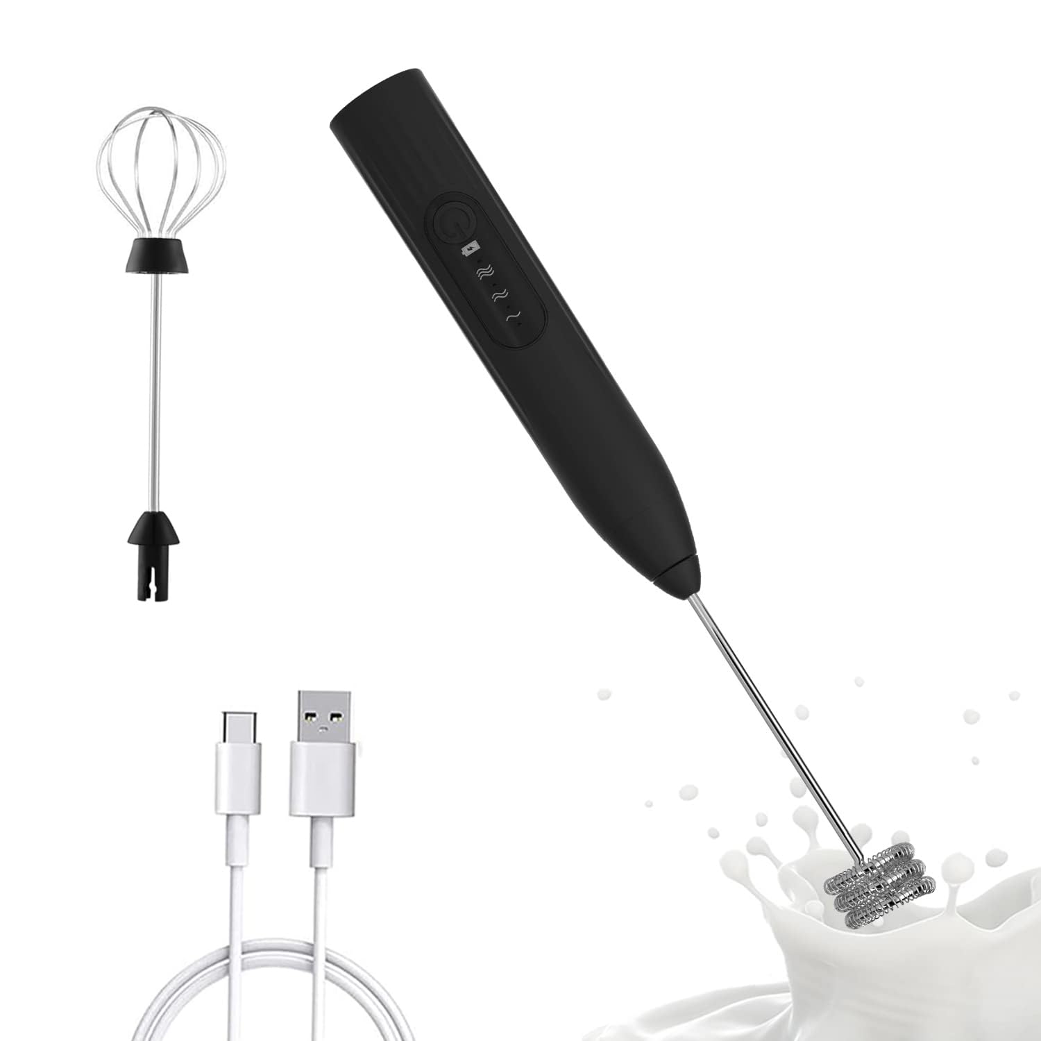 Mousseur à lait à main, mélangeur à main électrique rechargeable, 3 vitesses, avec 2 fouets en acier inoxydable pour café, cappuccino, frappe, matcha et chocolat chaud (3 x 26,4 cm)