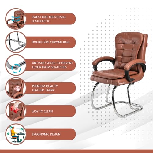 Image of GOYALSON Leatherette Double Cushion Office Guest Chair Sleek, Comfortable Seating for Visitors in Lobby, Reception (3, Brown, Double Pipe Chrome Steel Frame)