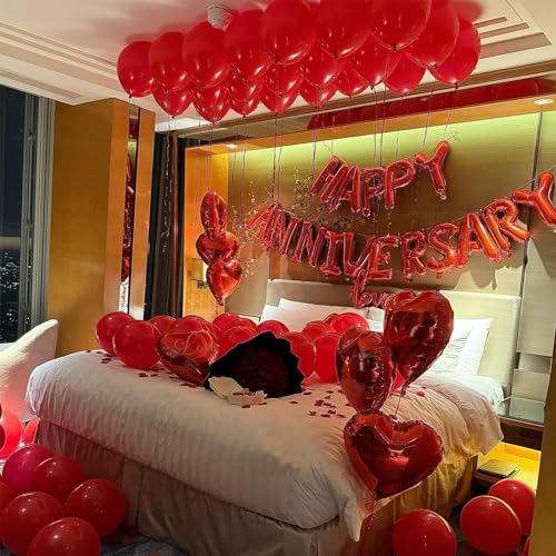 Happy Anniversary Decorations Valentines Day Balloons Happy Anniversary Balloons Banner Red Heart Balloon Latex Balloon Rose Petals Romantic Decor for Wedding Valentine Party Decorations