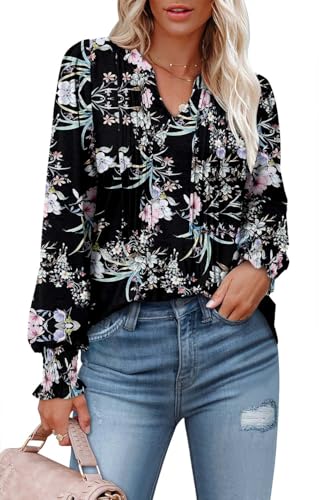 BETTE BOUTIK Long Sleeve Shirts for Women Fall Tops Dressy Blouses Pleated V Neck Tunic Tops for Leggings S-3XL