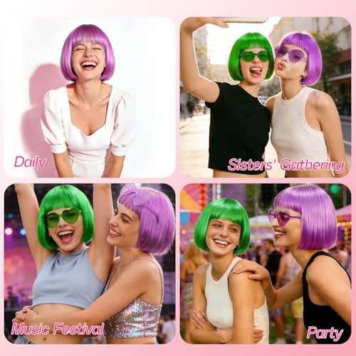 Image of DAJOOEE 2 Pack Party Wigs Wig Cap and Sunglass Set,Short Bob Hair Wigs Straight with Flat Bangs Synthetic Colorful Cosplay Daily Party Neon Wig for Women (Green Purple)