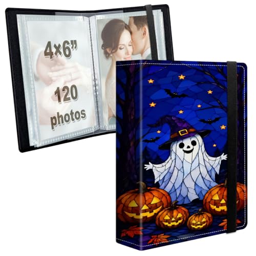 Image of Photo Album 4x6 120 Photos with Strong Elastic Band, Stained Glass Ghost | Large Capacity Premium Leather Picture Album, Portable Wallet Albums Photo Book for Family Anniversaries Wedding Baby