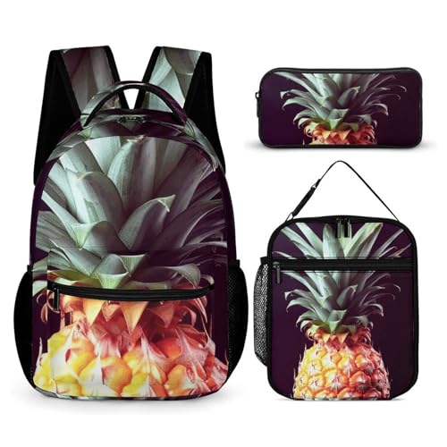 Beautiful Pineapple Backpack Set 3 Piece, Durable Backpack Insulated Lunch Bag Portable Pencil Case for Men Women