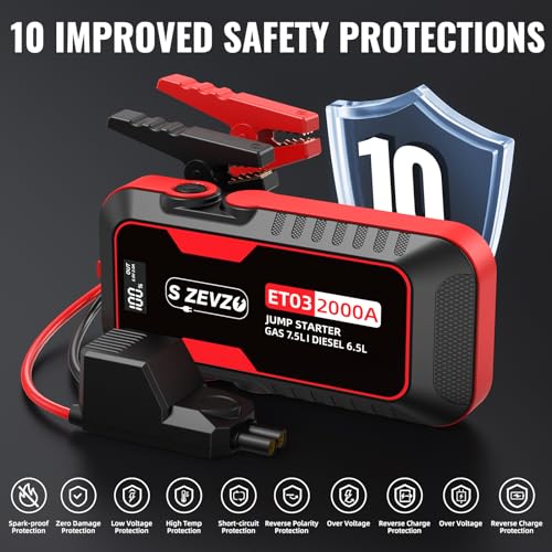 S ZEVZO ET03 Car Jump Starter 2000A Jump Starter Battery Pack for Up to 7.5L Gas and 6.5L Diesel Engines, 59.2Wh Portable 12V Jump Box with USB Ports, LCD Display, Storage Case, and LED Light - Thumbnail 5