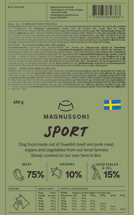 MAGNUSSONS Sport (12 x 650 G) | Geeignet für Welpen, Junghunde und Erwachsene Hunde Aller Rassen | Alleinfuttermittel | Dampfgegart | enthält frisches Fleisch vom Rind und Schwein