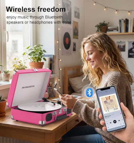 Image of Pink Bluetooth Record Player, 3-Speed Suitcase Turntable