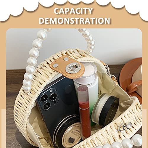 Straw Bag, Crossbody Bags for Women, Pearl Handbag Hard Box Handbags, Bohemian Handmade Woven Bag，Parties, Vacations Beach Bag(Beige)3