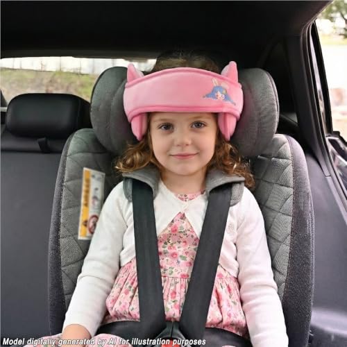 Image of Child Car Seat Head Support Band - Baby Head Neck Relief Safety Headrest | Adjustable Toddler Carseat Head Holder Head Strap - Baby & Kids Travel Accessories with Cute Cartton Pattern, Pink