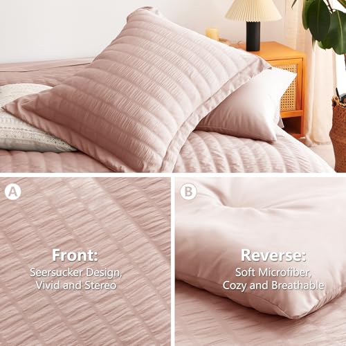 Image of CozyLux King Size Comforter Set Rose Gold, 7 Pieces Seersucker Textured Luxury Bed in a Bag Dusty Pink, All-Season Soft Bedding Sets with Down Alternative Comforter, Sheets, Pillowcases & Shams