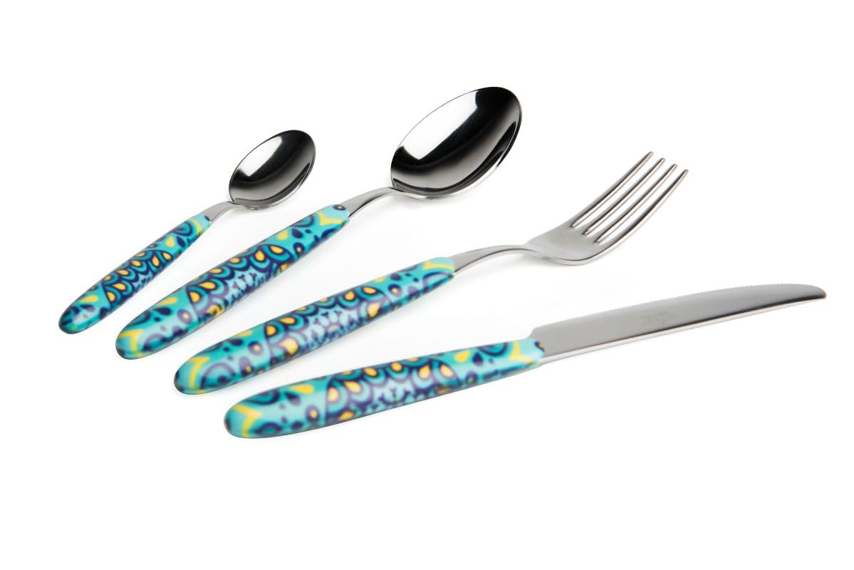 Excelsa Mandala Mediterraneo Set 24 Posate, Acciaio Inox, Manico Decorato Turchese, 6 Persone