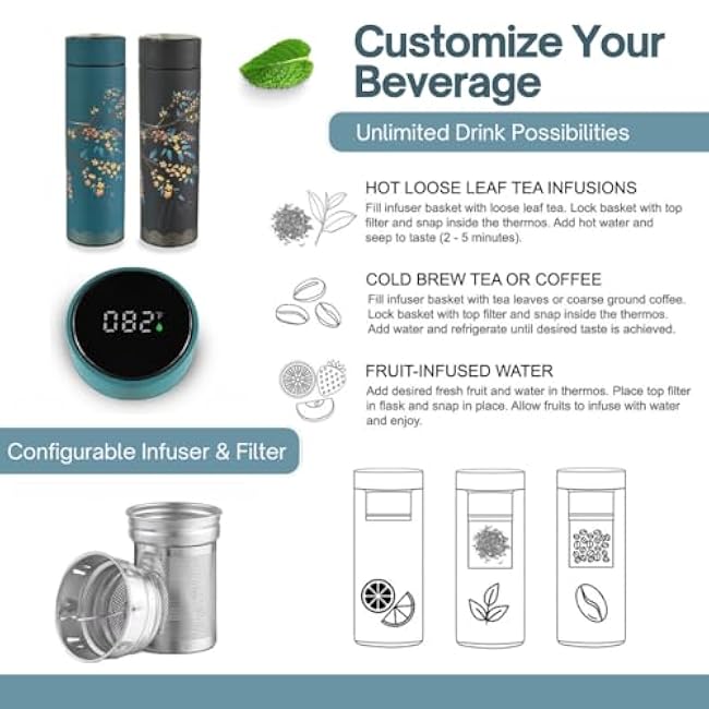 Farasi Set of Two Tea Infuser Bottle for Hot and Cold Infusions for Loose Leaf Tea Smart Water Bottle with Fahrenheit Temperature Display, Stainless Steel, Insulated Infuser Bottle - 15 oz