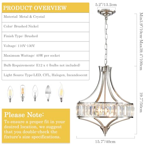 Brushed-Nickel-Crystal-Chandeliers-for-Dining-Room-Modern-Round-Light-Fixture-for-Kitchen-Hallway-Bedroom-Foyer-Living-Room-4-Lights-Farmhouse-Adjustable-Height-Hanging-Light-16-Inch