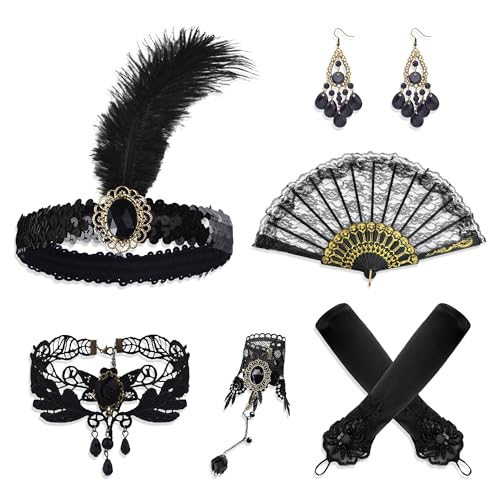 JNYUTEEN 6 Piezas Set de Accesorios Años 20 para Mujer, Diadema con Plumas y Guantes de Satin, Complementos para Fiestas de Graduacion Mardi Gras y Eventos con Tematica Vintage