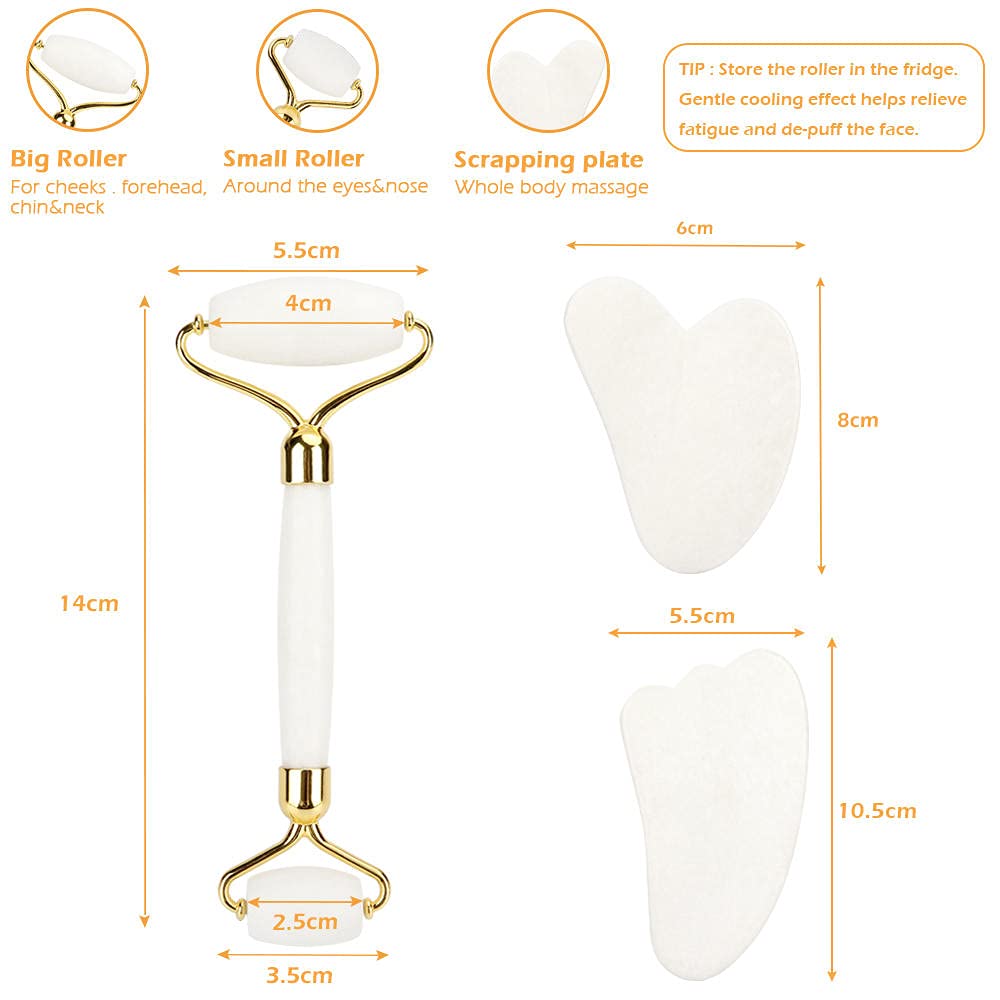 Rolo de masaje Facial guasha placa conjunto cabeças duplas Jade Pedra Face Lift Corpo relaxamento da Pele emagrecimento beleza pescoço fino elevador-3 Set no Box
