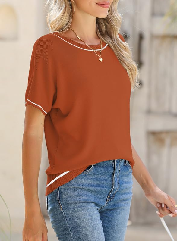 Image of SHEWIN Womens Tops Trendy Short Sleeve Shirts Crewneck Lightweight Knit Sweater Top Business Casual Outfits