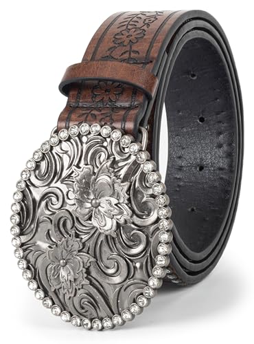 Women's Vintage-Western-Cowboy-Belt with Rhinestone-Buckle, Floral Engraved Cowgirl Belt Waist Strap for Jeans4