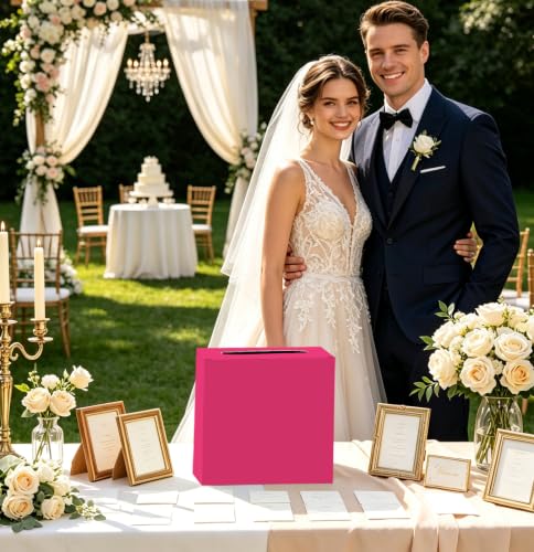 Image of SietDESEO Hot Pink Card Box for Graduation Large Cardboard Gift Card Box Holder for Wedding Reception Birthday Graduation Baby Shower Raffle Ticket Box with Slot
