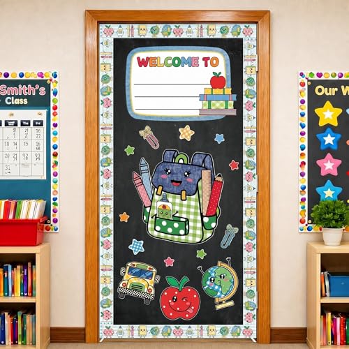 HunnmingRe Capa de porta de quadro negro Welcome Back to School Door Covers, 35,4 x 71 polegadas Gingham Apple Mochila First Day of School Banner Varanda Placa para professores Sala de Aula Caderno